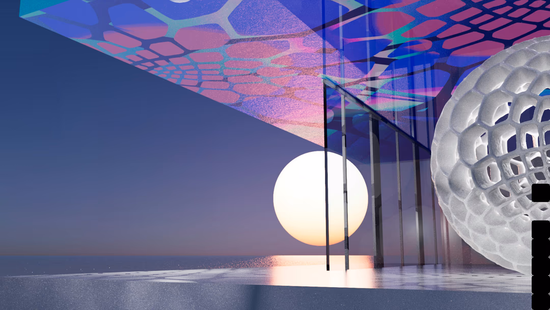 抽象的三維渲染虛擬空間，代表 AI 建構的模擬環境